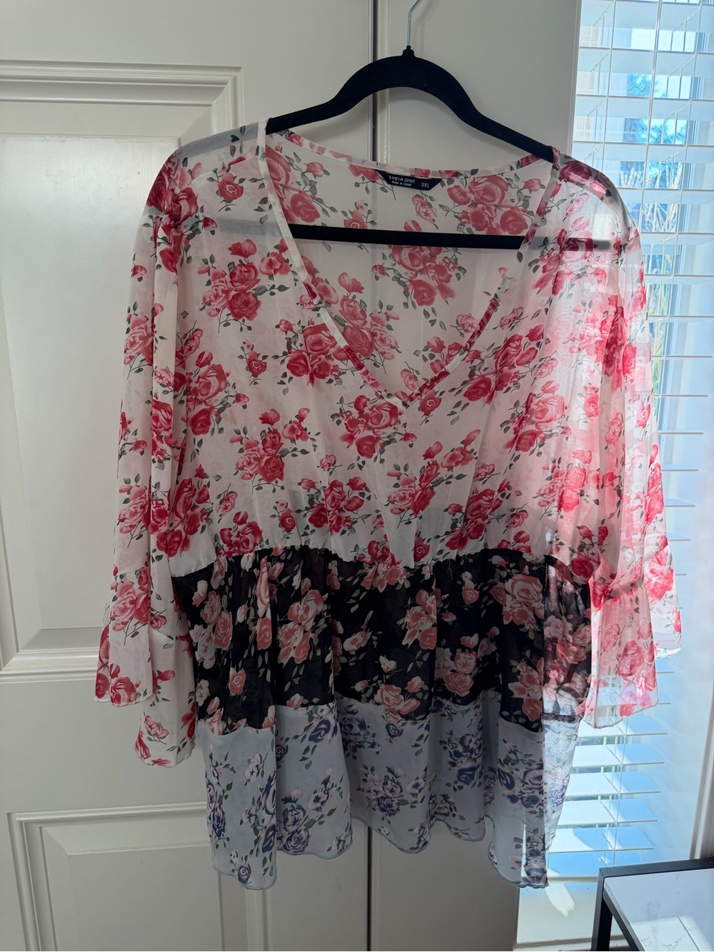 SHEIN Pink Floral Sheer V-Neck Tunic with Black Band
